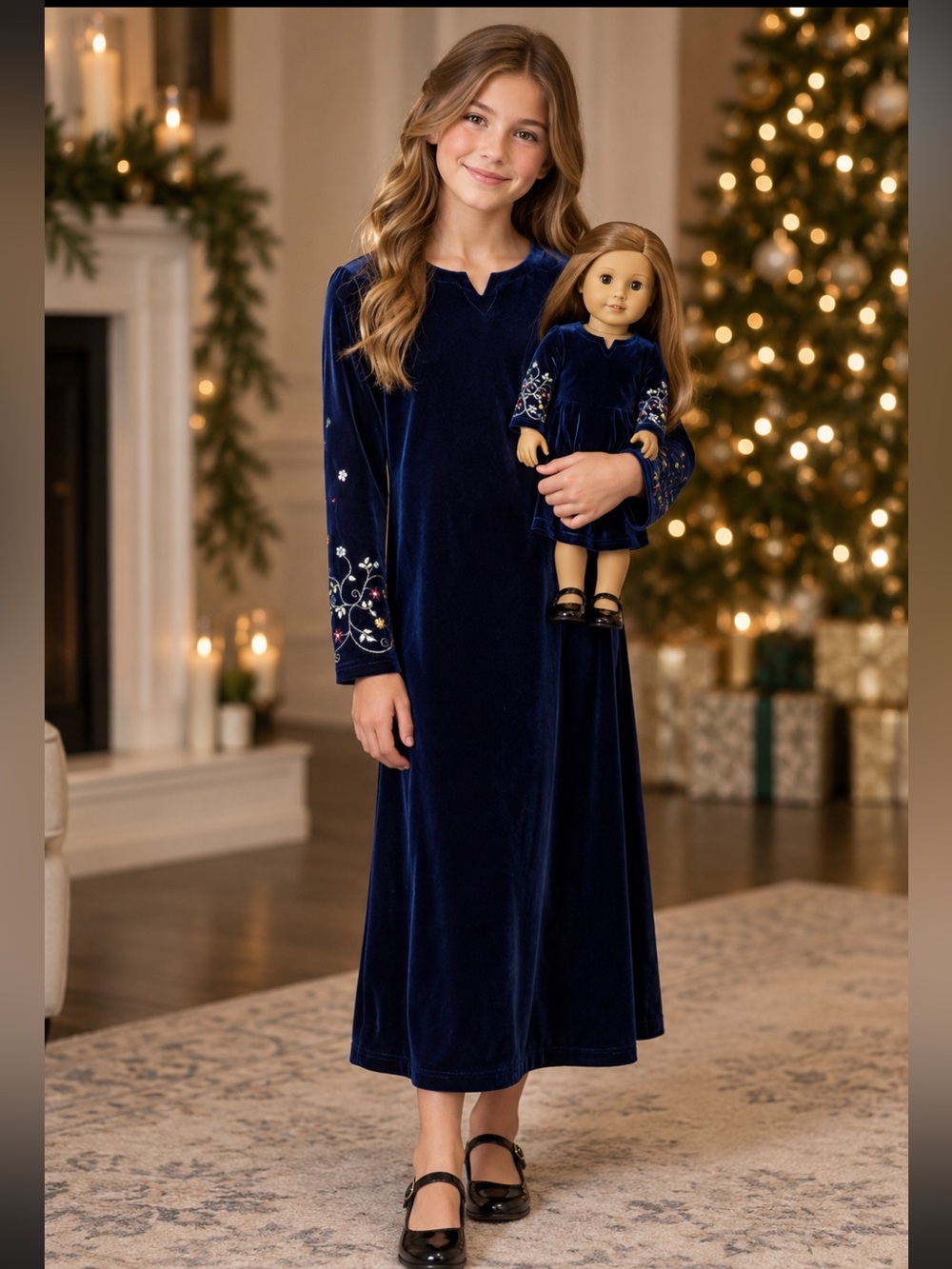 American Girl Vintage Girls Y2K Blue Velvet Embroidered Floral Holiday Dress